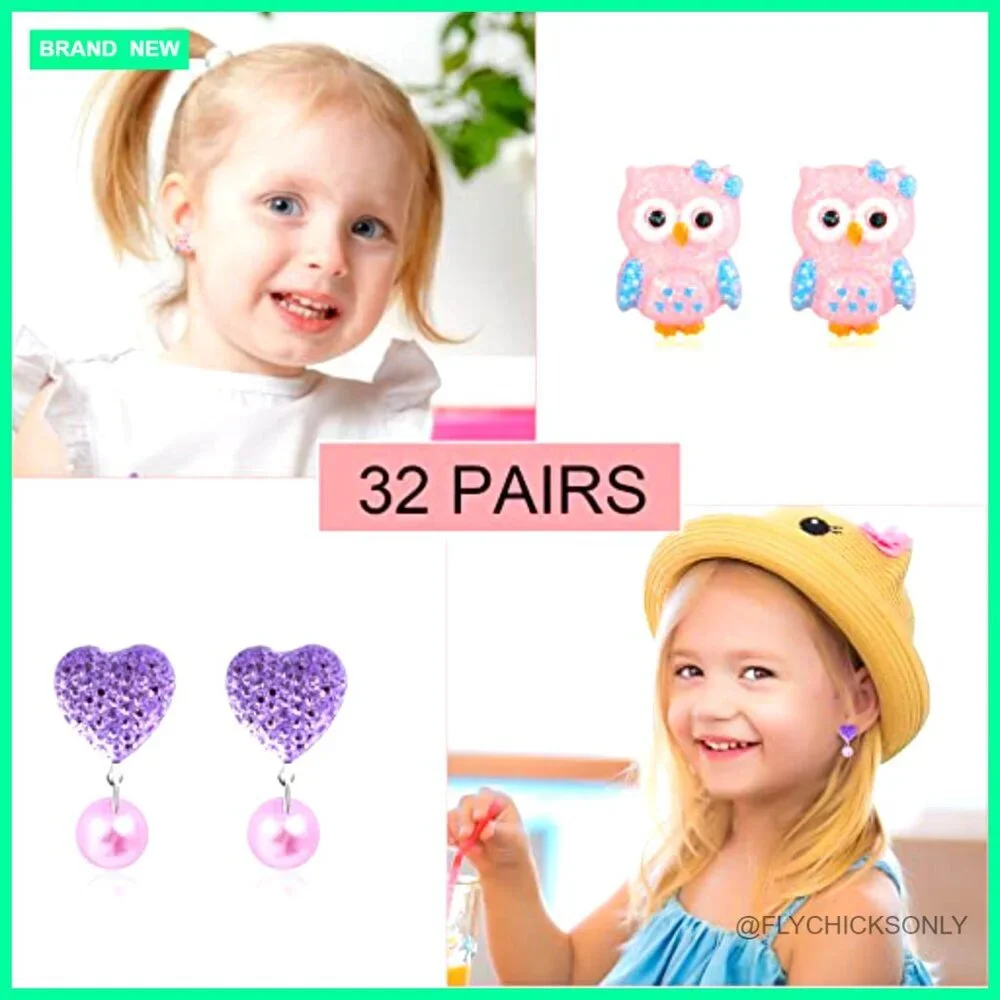 Hypoallergenic Clip-On Earrings Set for Girls Ages 4-12, 64-Piece